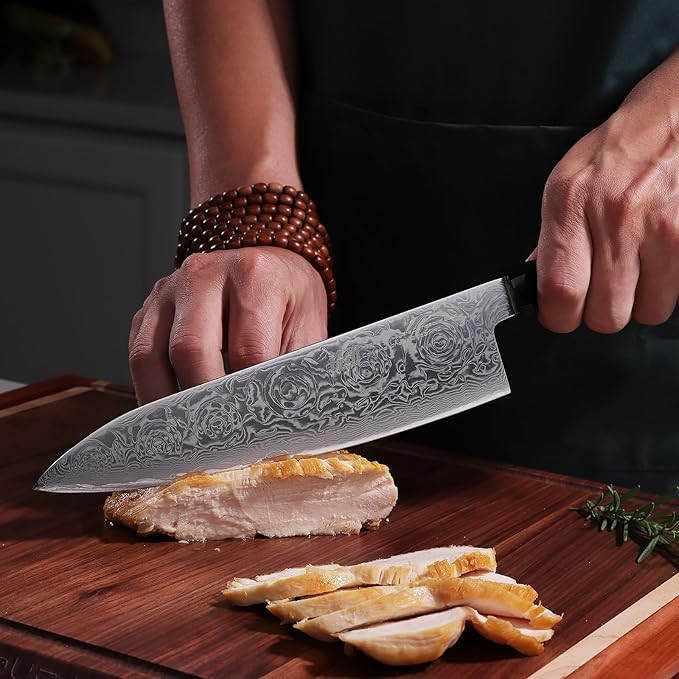 FINDKING 8 Inch Japanese Professional Chef Knife, Damascus Kitchen Blade for Sharp, Sturdy Cuts & Daily Cooking (BLACK-ROSE Series)