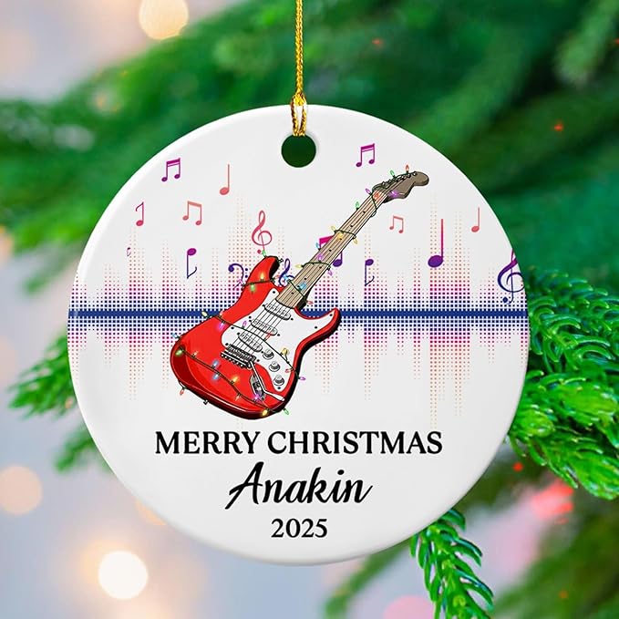 Customized Year Text Name Guitar Bass Player Ornament Gift for Daughter Son Husband Wife Dad Mom, Personalized Guitar Bass Instrument Christmas Ornament 2025, Guitarist Appreciation Ceramic Ornaments