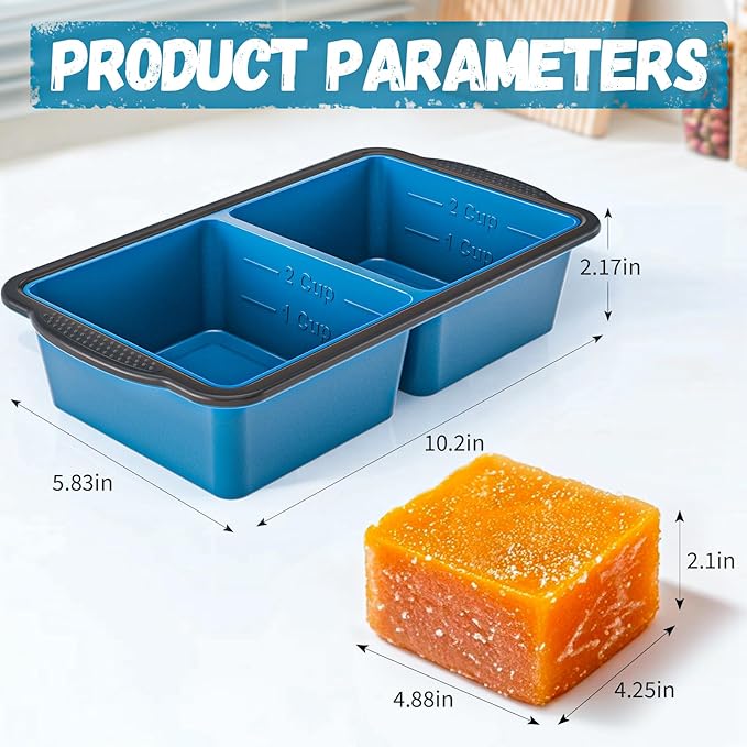 Silicone Freezer Tray With Lid, 4 Large 2 Cup Soup Freezer Molds, Soup Freezer Container for Meal Prepping, Large Ice Cube Tray， Perfect for Storing Leftovers, Sauces, Lasagna, 2-Pack