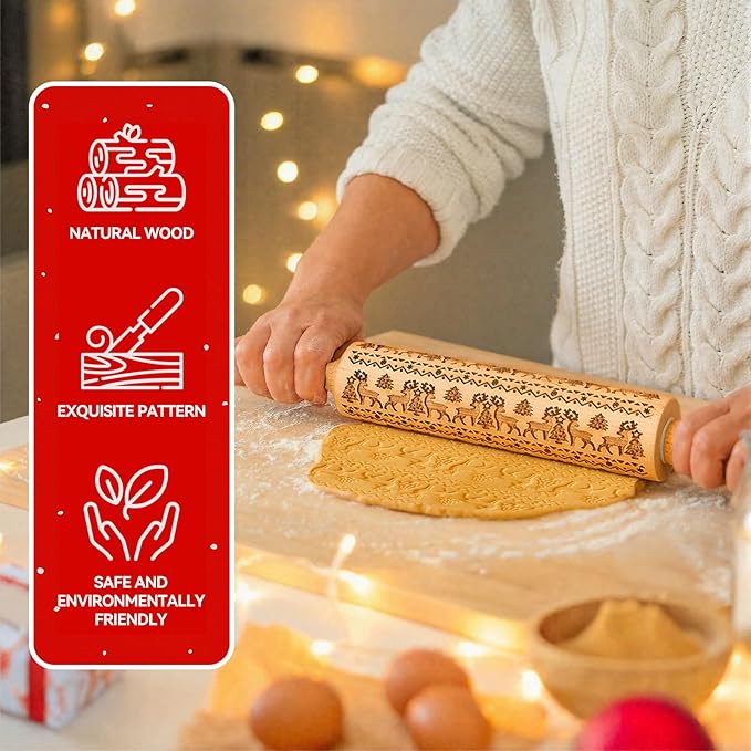 Christmas Gifts Wooden Embossed Rolling Pin for Baking, Deep Engraved Embossing Rolling Pins Cookie Stamps Roller with Christmas Elk Deer Pattern Designs for Baking Cookies Stamps Roller, DIY Tools