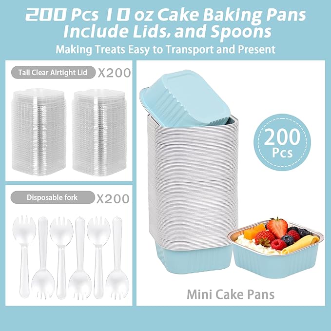 200 Pack 10 oz Square Mini Cake Pans with Lids, Mini Loaf Pans with Lids, Aluminum Foil Square Brownie Baking Cups for Ramekins Muffin Cupcake Wedding Birthday Party (Blue)