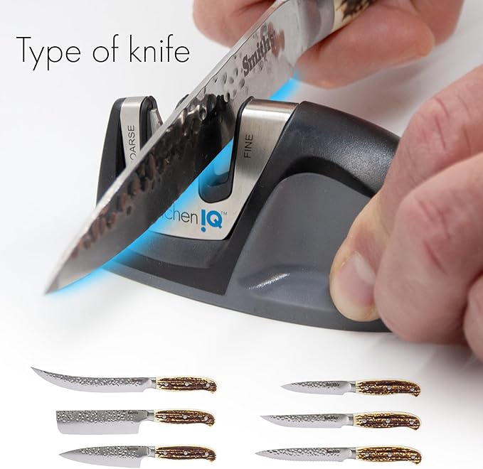KitchenIQ 50009 Edge Grip 2-Stage Knife Sharpener, Black, Coarse & Fine Sharpeners, Compact for Easy Storage, Stable Non-Slip Base, Soft Grip Rubber Handle, Straight & Serrated Knives