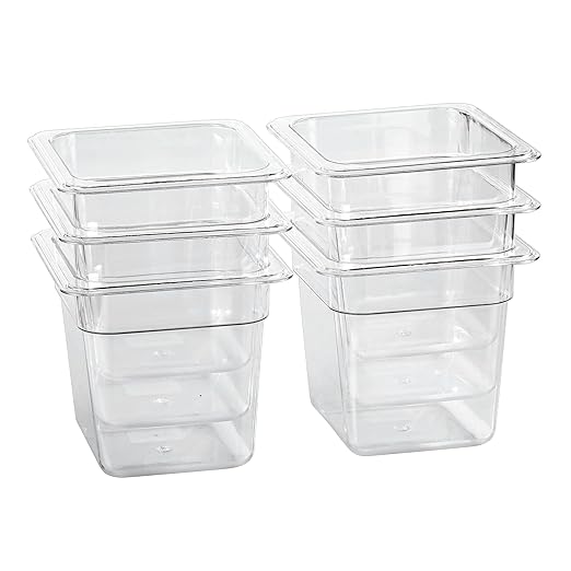 1/6 Size Food Containers 6 Pack 6 Inch Deep Pan Clear BPA free Polycarbonate Stackable Commercial Hotel Pan for Kitchen Business and Food Serving