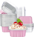 EUSOAR Cupcake Liner, 50pcs 10oz Pink Foil Mini Flan with Lids, Loaf Pans Aluminium Tins for Baking, Disposable Creme Brulee Cups Dessert Containers for Pie Souffle, Cake Holder for Party Serving
