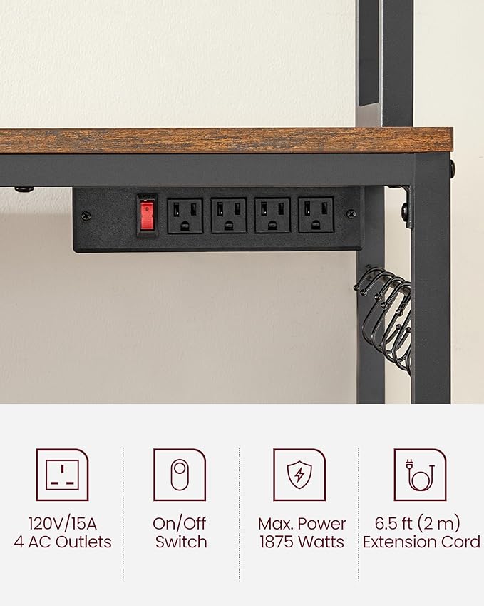 VASAGLE Hutch Bakers Rack with Power Outlet, 14 Hooks Microwave Stand, Adjustable Coffee Bar with Metal Wire Panel, Kitchen Storage Shelf, 15.7 x 23.6 x 66.9 Inches, Rustic Brown and Black UKKS037B01