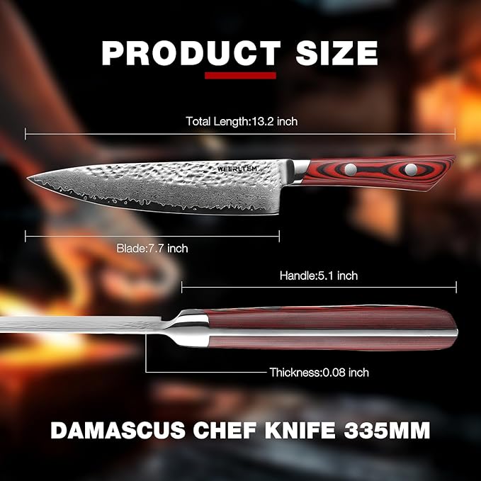 Damascus Sharp Knife(Red), 8 Inch Professional 67-Layer VG10 Damascus Kitchen knives, Hand Hammered Ultra Sharp Japanese Kitchen knife with Red G10 Handle & Gift Box