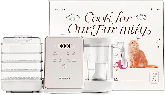 Pet Fresh Food Processor Gift Set with 100+ DIY Recipes – Quick 10 Types of Homemade Fresh Foods for 5 Pet Types, 7-in-1 Cooking Machine with Easy One-Touch Panel, Dog Jerky, Cat Churu Treats