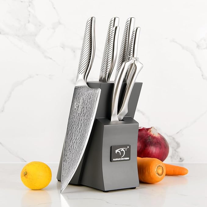 NANFANG BROTHERS® 7 Pieces Damascus Kitchen Knife Set, High Carbon Stainless Steel Damascus Steel Chef Knife Set, Stainless Steel Ergonomic Handle for Chef, Knife Block Set for Chopping NF