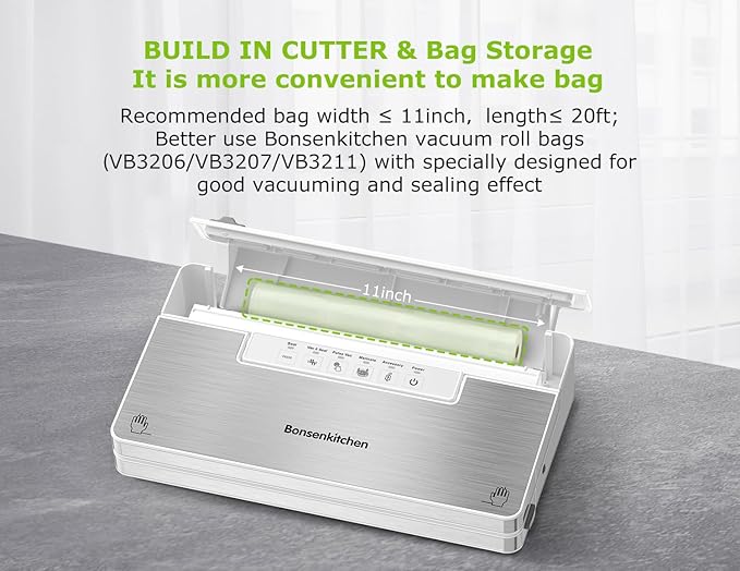 Bonsenkitchen Vacuum Sealer Machine, Stainless Steel Food Sealer Vacuum Sealers with 30 Bags & 1 Roll, 5 Food Vacuum Modes, Built-in Cutter & Bag Storage (White Silver)