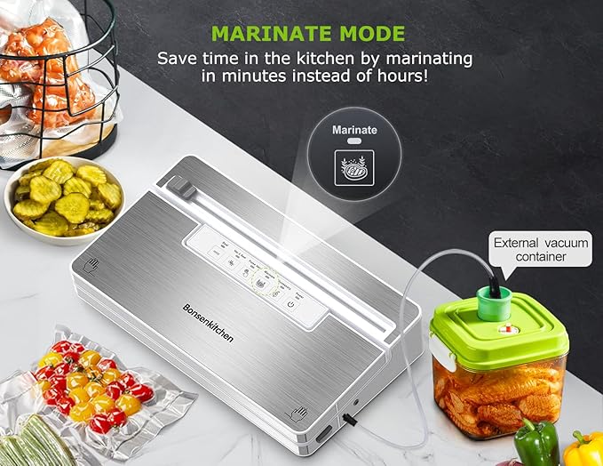 Bonsenkitchen Vacuum Sealer Machine, Stainless Steel Food Sealer Vacuum Sealers with 30 Bags & 1 Roll, 5 Food Vacuum Modes, Built-in Cutter & Bag Storage (White Silver)