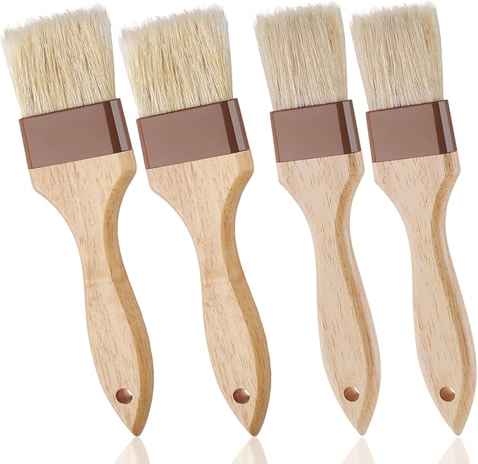 4 Pcs Natural Bristle Pastry Brush, Beech Wooden Handle Basting and BBQ Brushes for Cooking, Butter, Oil, Marinade, Grilling & Baking, Kitchen Food Brush (1.5 inch & 2 inch)