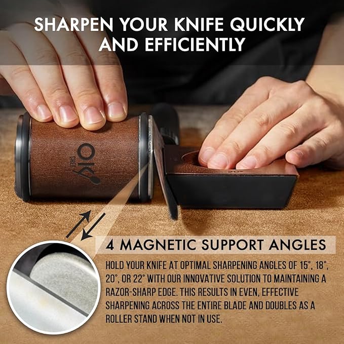 Rolling Knife Sharpener with doble side Leather Strop and 15,18, 20 & 22 Degree Angles -Knife Sharpener Kit- Roller Knife Sharpening System with Stand Holder Rust Rubber Eraser