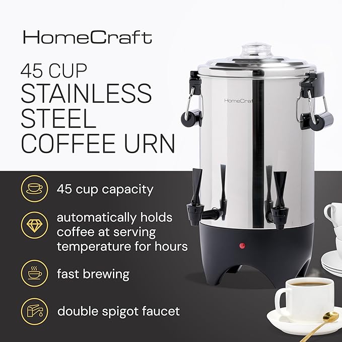 HomeCraft 45-Cup Coffee Urn and Hot Beverage Dispenser with Double Dripless Faucet, Quick-Brewing, Stainless Steel