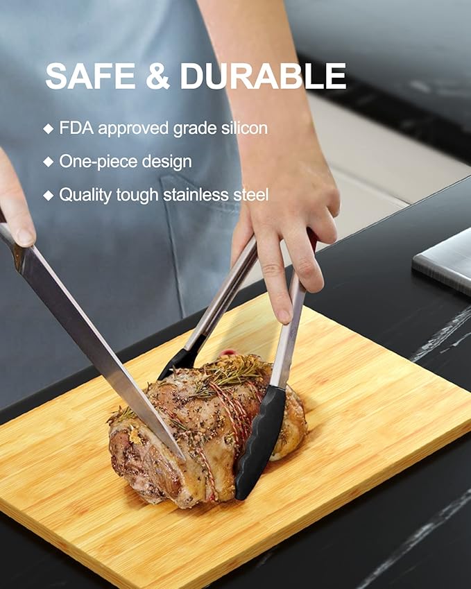 600ºF Heat Resistant Kitchen Tongs, Premium Locking Cooking Tongs with Silicone Tips, Non-Slip Food Tongs for Cooking, Non-Stick, Heavy Duty Stainless Steel Handle, Set of 3-7" 9" and 12" Black