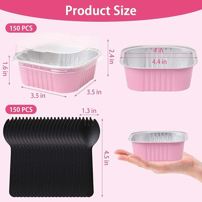 FORBFAN 150 Pcs Square Mini Cake Pans with Lids, 10 oz Individual Mini Loaf Pans, 4.4x4.4 Pink Aluminum Foil Cupcake Baking Cups