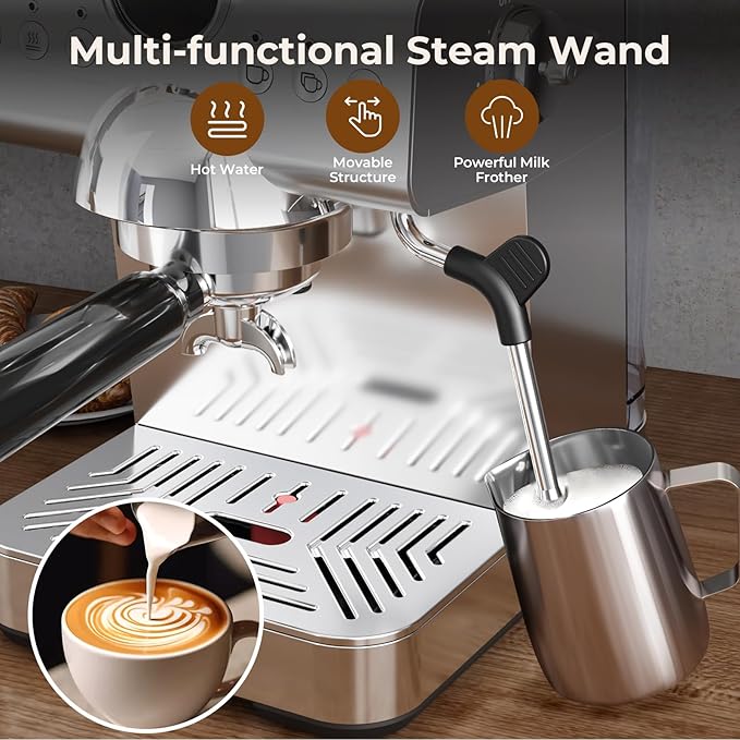 Compact Espresso Machine with Milk Frother,Cold Brew & Hot Coffee Machine,LED Display,Cappuccino & Latte Machine for Home,Beginner-Friendly Espresso Machines (SILVER)