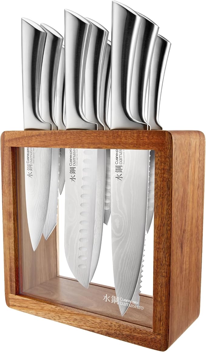 Cuisine::pro Damashiro Knife Block (Hiryu, 10-Piece Set) - Premium Japanese Steel Knife Set with Acacia Wood Block & Tempered Glass Window - Damascus-Inspired Blade