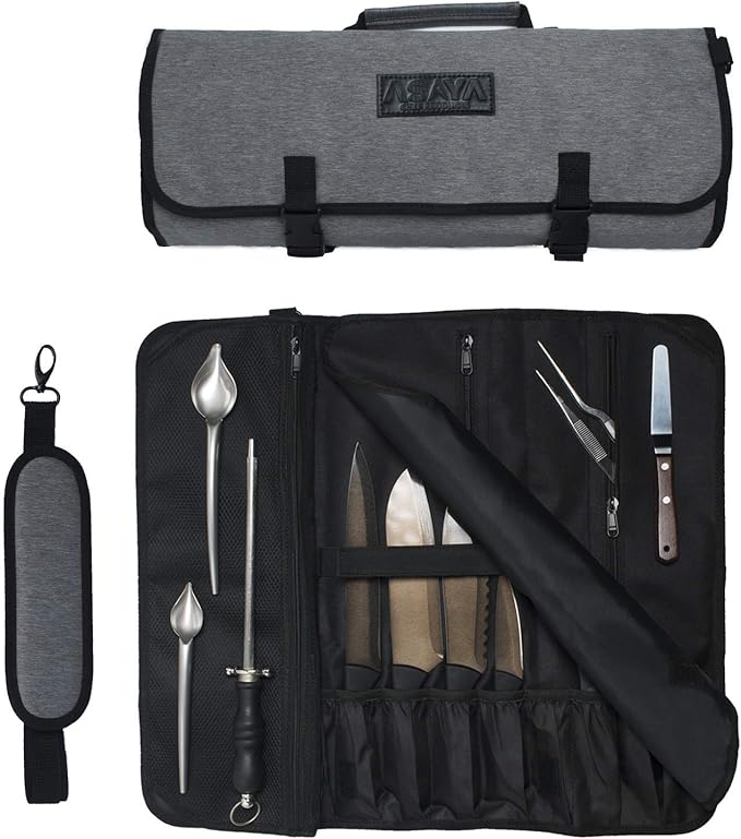 Asaya Chef Knife Roll Bag - 20 Total Pockets for Knives and Kitchen Utensils - Made with Stain Resistant Waxed Nylon - For Chefs and Culinary Students - Knives Not Included(Grey)