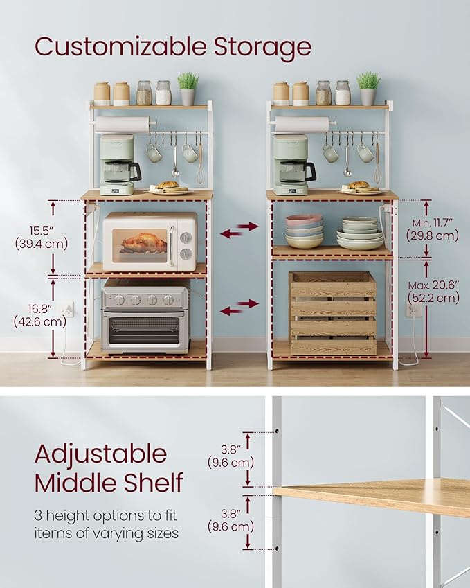 VASAGLE Kitchen Bakers Rack with Power Outlet, Coffee Bar 4-Tier with 8 S Hooks, Microwave Stand, Adjustable Shelf, for Small Spaces, Golden Oak and Cloud White UKKS014Y01V1