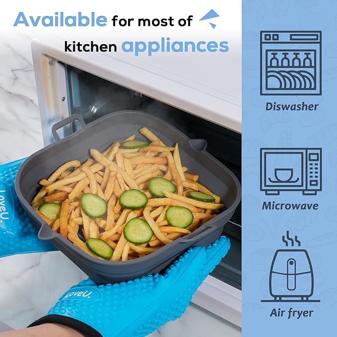 Silicone Air Fryer Liners Square - Reusable Airfryer Collapsible Basket - Easy to Clean Air Fryers Pot for 5.8 to 8 Qt Baking Tray Oven Accessories, 8.5 Inch Large