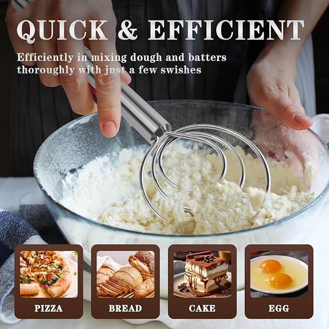TEEVEA Danish Dough Whisk with Stainless Steel Hook Dutch Style Bread Mixer for Sourdough Baking Tools