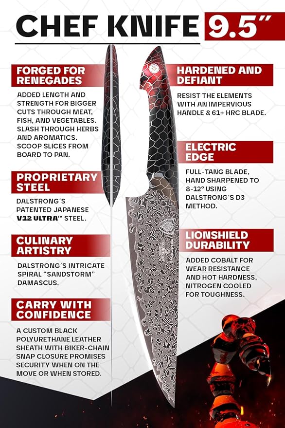 Dalstrong Chef Knife - 9.5” Scorpion Series - Exclusive Japanese V12 Ultra Steel - Black Damascus Chef Knife - Black & Red Honeycomb Resin Handle -Scorpion Kitchen Knives w/Chef Knife Sheath