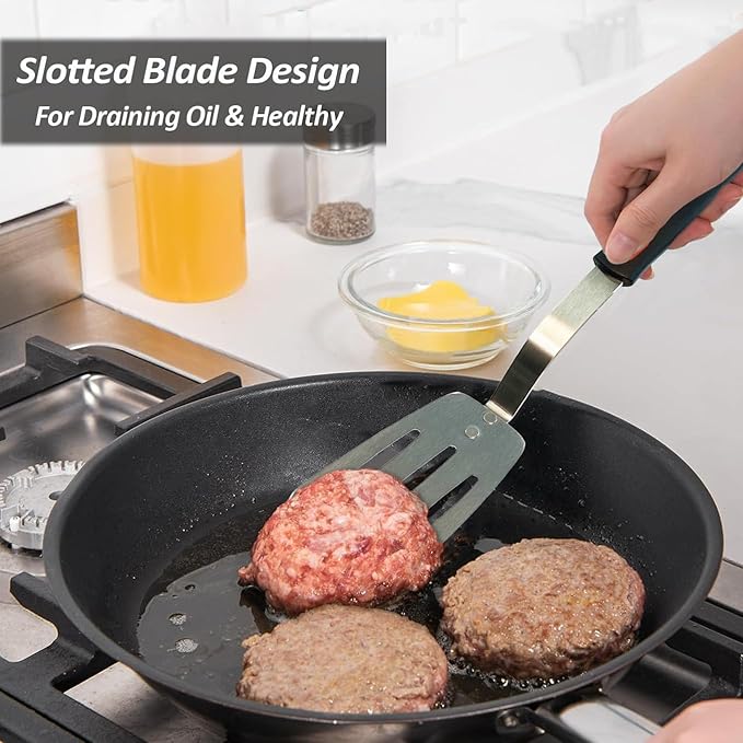 Stainless Steel Flexible Spatula Turner, VOVOLY Thin Metal Slotted Spatula for Cast Iron Skillet, Thin Blade and Heat Resistant Silicone Handle, Great for Egg, Cookie, Meat, Crep, Medium
