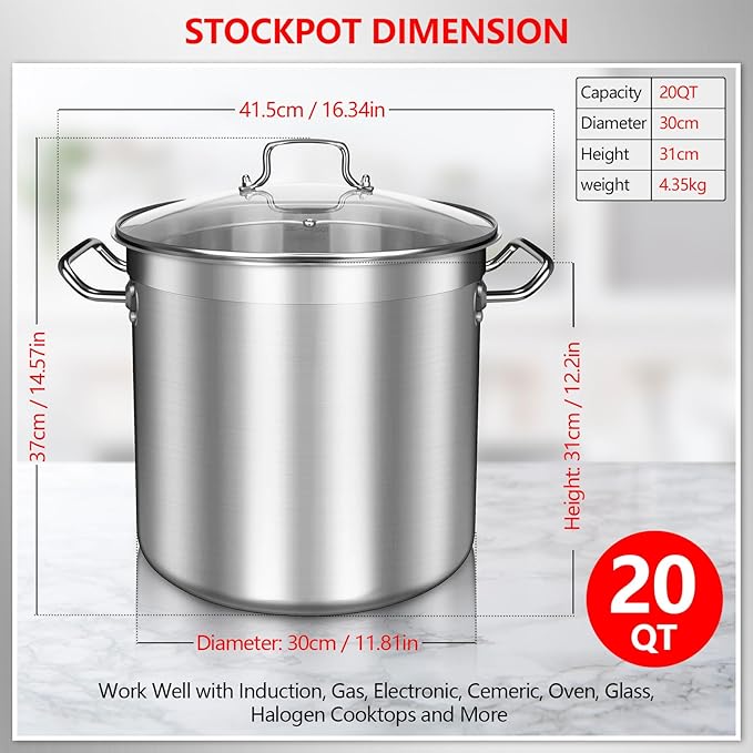 Large Stock Pot 20 Quart - Commercial Grade Soup Pot With Glass Lid - Nickel Free Stainless Steel Cookware - Healthy Polished Stockpots - Heavy Duty Induction Pots