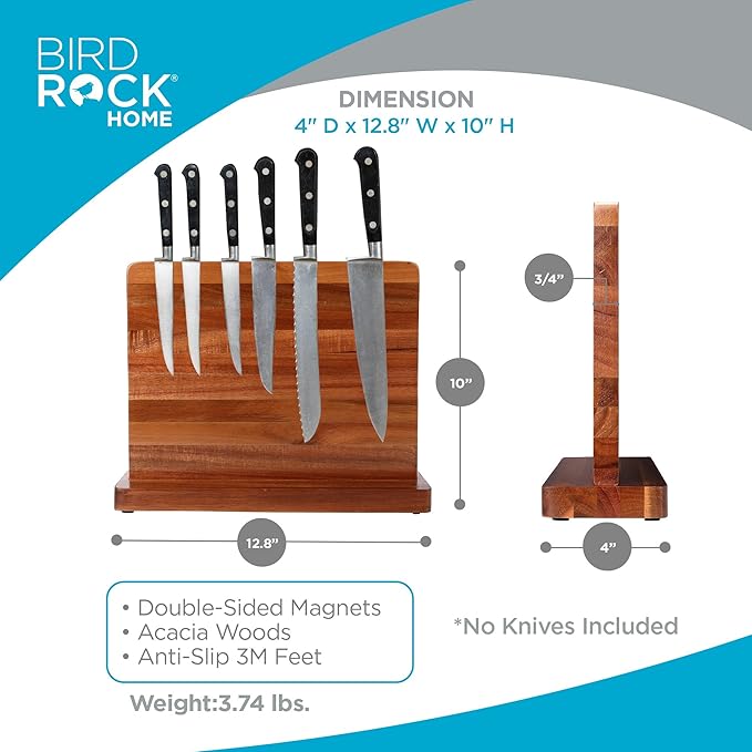 BIRDROCK HOME Wooden Magnetic Knife Block | Acacia Wood Knife Storage | Double-Sided Strong Magnetic Knife Holder | Knife Organizer for Kitchen & Space-Saving Design | No Knives Included | 12.8"Lx10"H