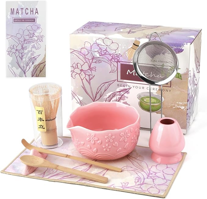 Matcha Whisk Set, 8-Piece Ceramic Japanese Matcha Bowl & Accessories Kit for Traditional Tea Ceremony, Home Use & Gifts (Pink)