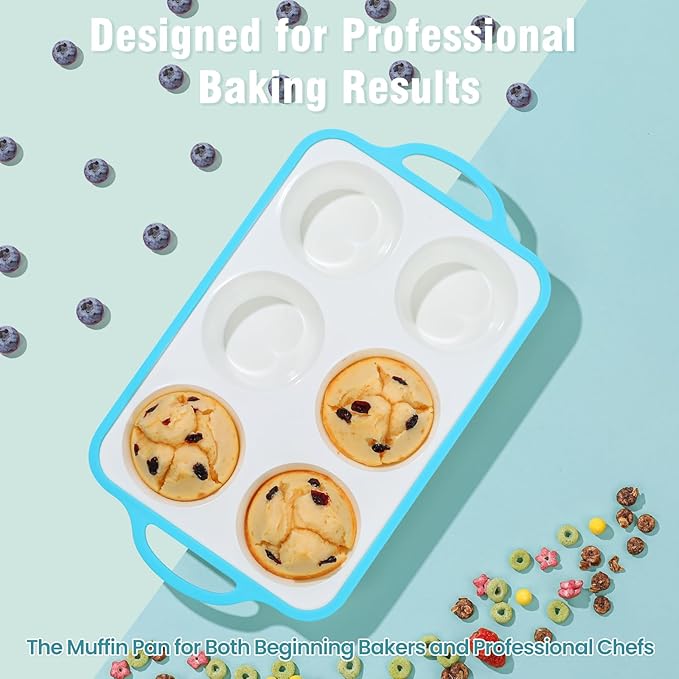 Silicone Jumbo Muffin Pan with Metal Frame, Non Stick Food Grade Silicone Large Muffin Pan, with Handles 6 Cup,BPA-Free and Dishwasher Safe, Jumbo Cupcake Pans - 2 Piece Blue