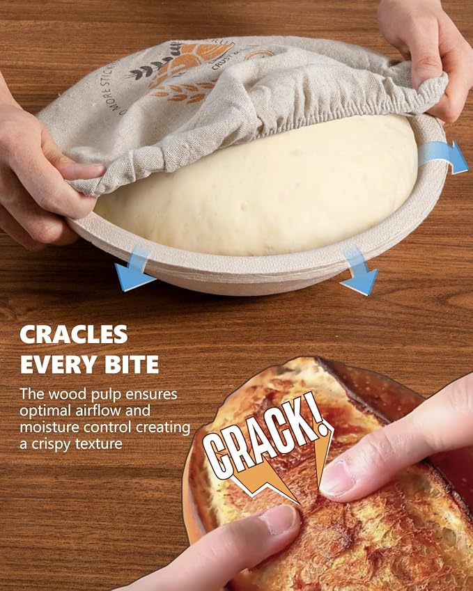 Wood Pulp Banneton Bread Proofing Baskets Set of 2, 9 Inch Round 2.2LB Sourdough Banneton Basket with Liner, Non-Stick Dough Proofing Bowl for Rising and Baking