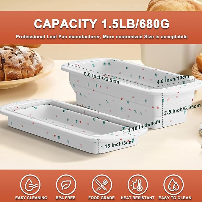 2 Packs Collapsible Silicone Loaf Pan with Metal Reinforced Frame, Bread Bakeware Pan for Homemade Bread, Non-Stick Silicone Baking Pan,Baking Mold (9"*4"*2.5", White, 2 Pieces)
