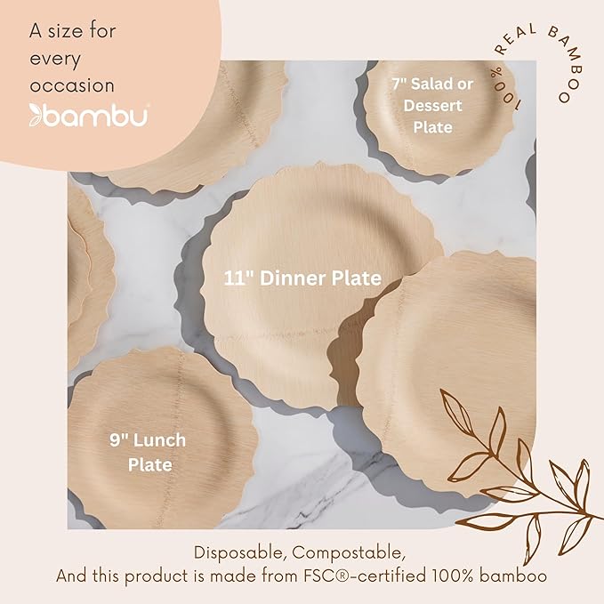 Bambu Pack of 100-9 Inch Disposable Bamboo Plates Fancy, Biodegradable Eco Friendly Products, Bamboo Disposable Plates for Party, Weddings, and Events, Great For Any Occasion - Bulk Case