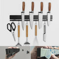 YIIYIIN 12 Inch Magnetic Knife Holder for Wall No Drill,Adhesive Knife Magnetic Strip with 6 Hooks,Kitchen Double Rods Stainless Steel Magnetic Utensil Holder(Black)