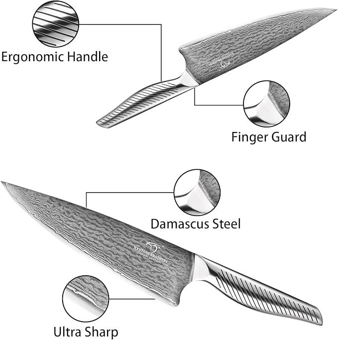 NANFANG BROTHERS® 10 Pieces Damascus Kitchen Knife Set, High Carbon Stainless Steel Damascus Steel Chef Knife Set, Stainless Steel Ergonomic Handle for Chef, with Built-in Sharpening Rod NF