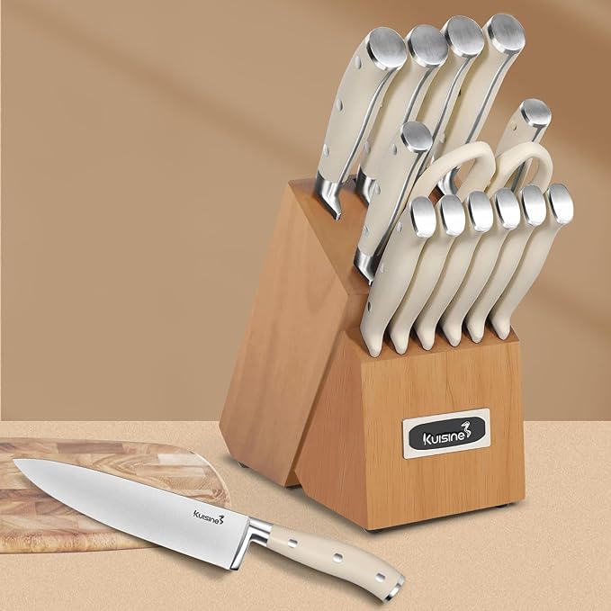 Kuisine Kitchen Chef Knife Block Set,High Carbon Stainless Steel Razor-Sharp Blade Ergonomic Handle,Sharp Knife Set with Built-in Sharpener,Elegant Gift(Irovy-Acacia,15pcs)