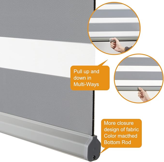 Persilux Cordless Zebra Roller Window Shades Free-Stop Roller Blinds (32" W X 72" H, Grey) Light Control for Day and Night, Light Filtering Sheer Roller Shades for Windows, Easy to Install