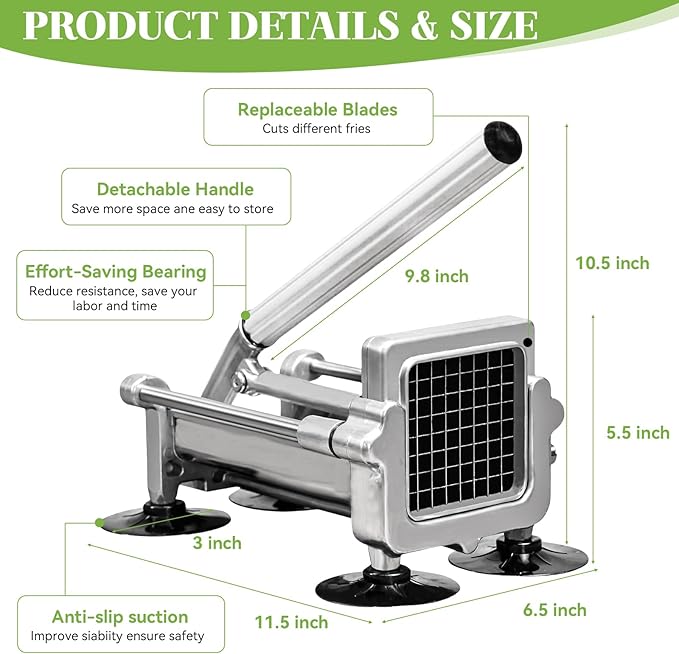Commercial French Fry Cutter, Heavy Duty Potato Slicer with 3/8 and 1/2Inch Blade, Stainless Steel Potato ChopperFrench Fries Cutter with Suction Feet,