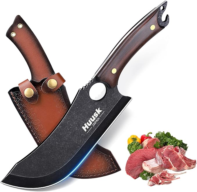 Huusk Hand Forged Meat Cleaver - Japanese Cooking Black Butcher Knife for Meat Cutting, Full Tang Cleaver Knife for Kitchen, Camping Thanksgiving Christmas Gifts