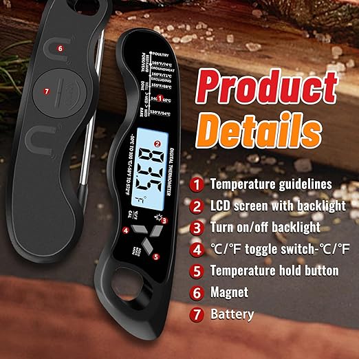 Meat Thermometer, IP67 Waterproof Digital Meat Thermometer with Backlight, Hold Function & Magnet for Grill, BBQ, Candy, Beef,Turkey，Gadgets Essentials BBQ Accessories,Mens Stocking Stuffers