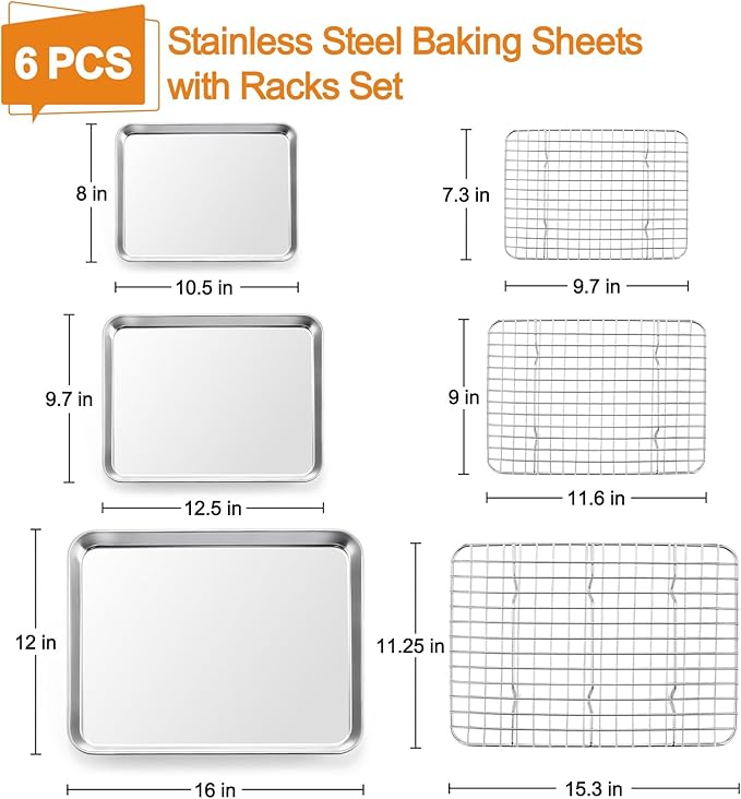 TeamFar Stainless Steel Baking Sheet with Rack Set, 16/12.5/10.5 Inch Cookie Sheets Baking Pans and Cooling Racks for Cooking Serving, Non-Toxic & Heavy Duty, Dishwasher Safe, 6 PCS (3 Pans + 3 Racks)