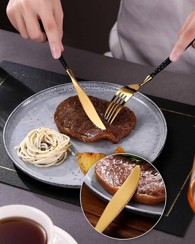 Lemeya 20-Piece Hammered Black Gold Silverware Set,18/10 Stainless Steel Forging Heavy Duty Cutlery Set for 4, Luxury Unique Flatware Set,Spoons and Forks Set,Mirror Polished,Dishwasher Safe