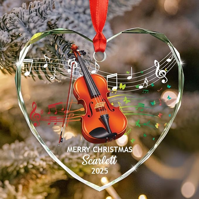 Customized Yeat Text Name Violinist Ornament Xmas Tree, Unique Violin Instrument Christmas Ornaments Gift for Brother Son Husband Wife Dad Mom, Personalized Violin Musical Instrument Glass Ornament