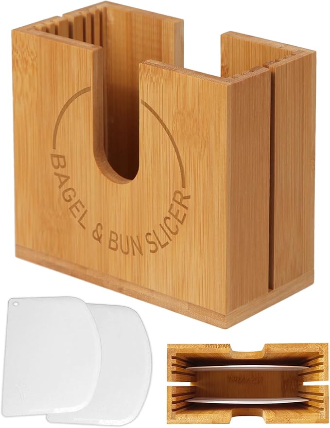 Large Adjustable Bagel Slicer Holder | Bamboo Bagel Cutting Holder with Width-Adjustable Slots for Small & Large Bagels, Buns & English Muffins, Knife Groove & Non-Slip Base