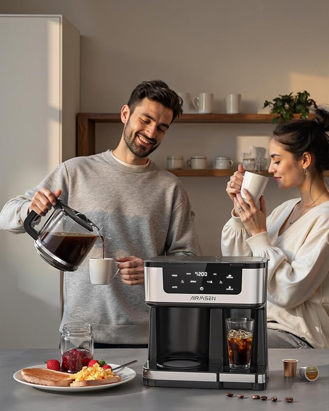 AIRMSEN 12-Cup Programmable Coffee Maker – Single Serve Machine for K-Cup Pods & Ground, 1000W Fast Brew, Delay Start, 2H Keep Warm, Touchscreen, 60oz Tank, Glass Carafe – Home & Office