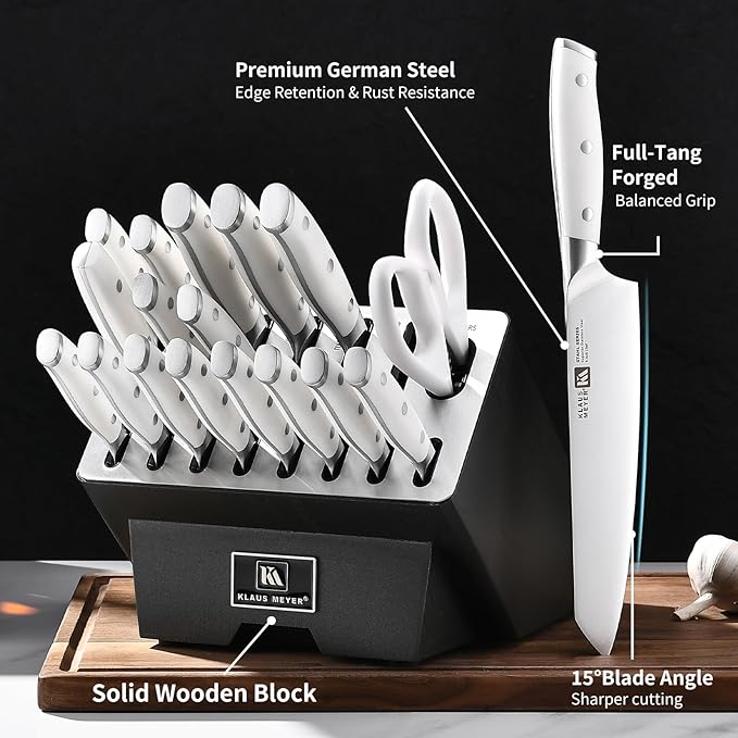 Klaus Meyer Stahl 19 Piece High Carbon Exclusive German Steel Knife Block Set (White)