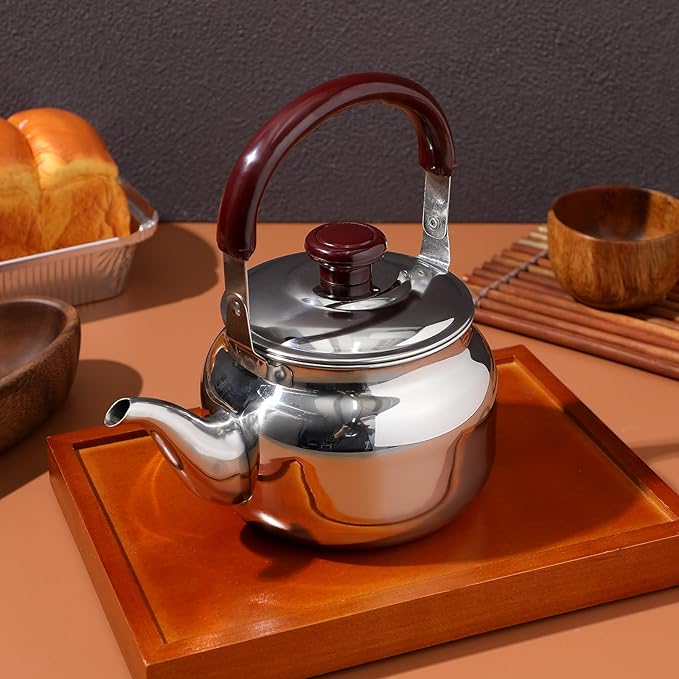 LIFKOME Traditional Stainless Steel Heavy Duty Tea Kettle With Sandwich Bottom and Specialty Cool Touch Handling Mirror Finish Stainless Steel Whistling Tea Kettle Stove Top