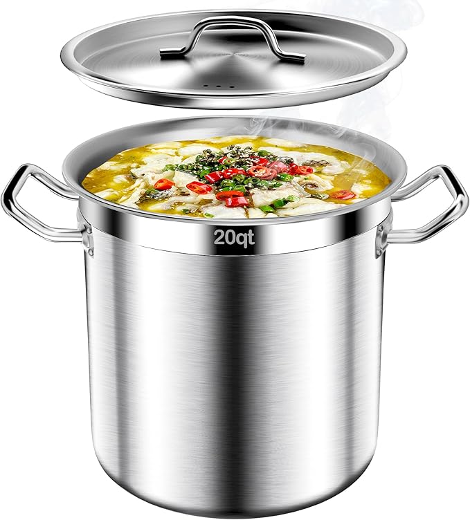 Stainless Steel Stockpot with Lid, 20QT Large Stock PotHeavy Duty Tri-Ply Bottom Commercial Grade Stock Pot & Stockpots for Boiling Cooking Soup Stew Canning Cooking Pots,Big Stockpot, Deep Cookware