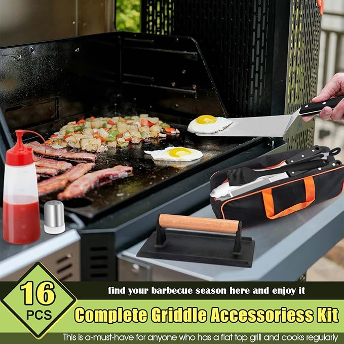 HaSteeL 16PCS Griddle Accessories Set, Stainless Steel Flat Top Grilling Tools Kit with Enlarge Spatula Scraper Basting Cover Burger Press for Outdoor Barbecue Teppanyaki Cooking, ABS Handle